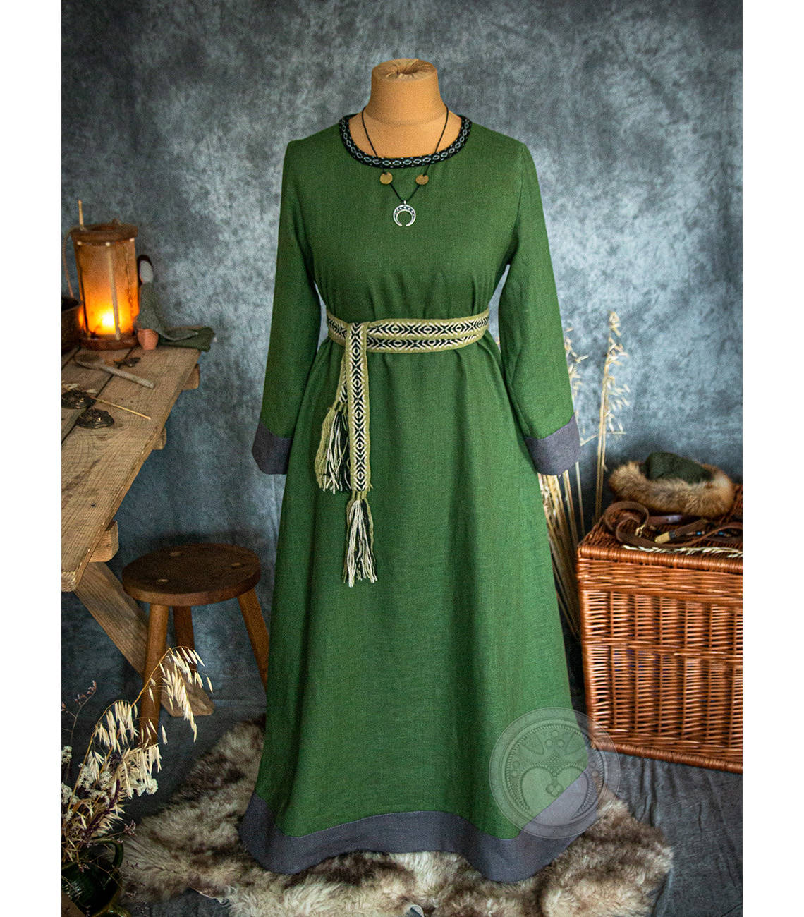 Slavic linen dress with linen hems and round neckline, decorated with 100%  wool handwoven trim